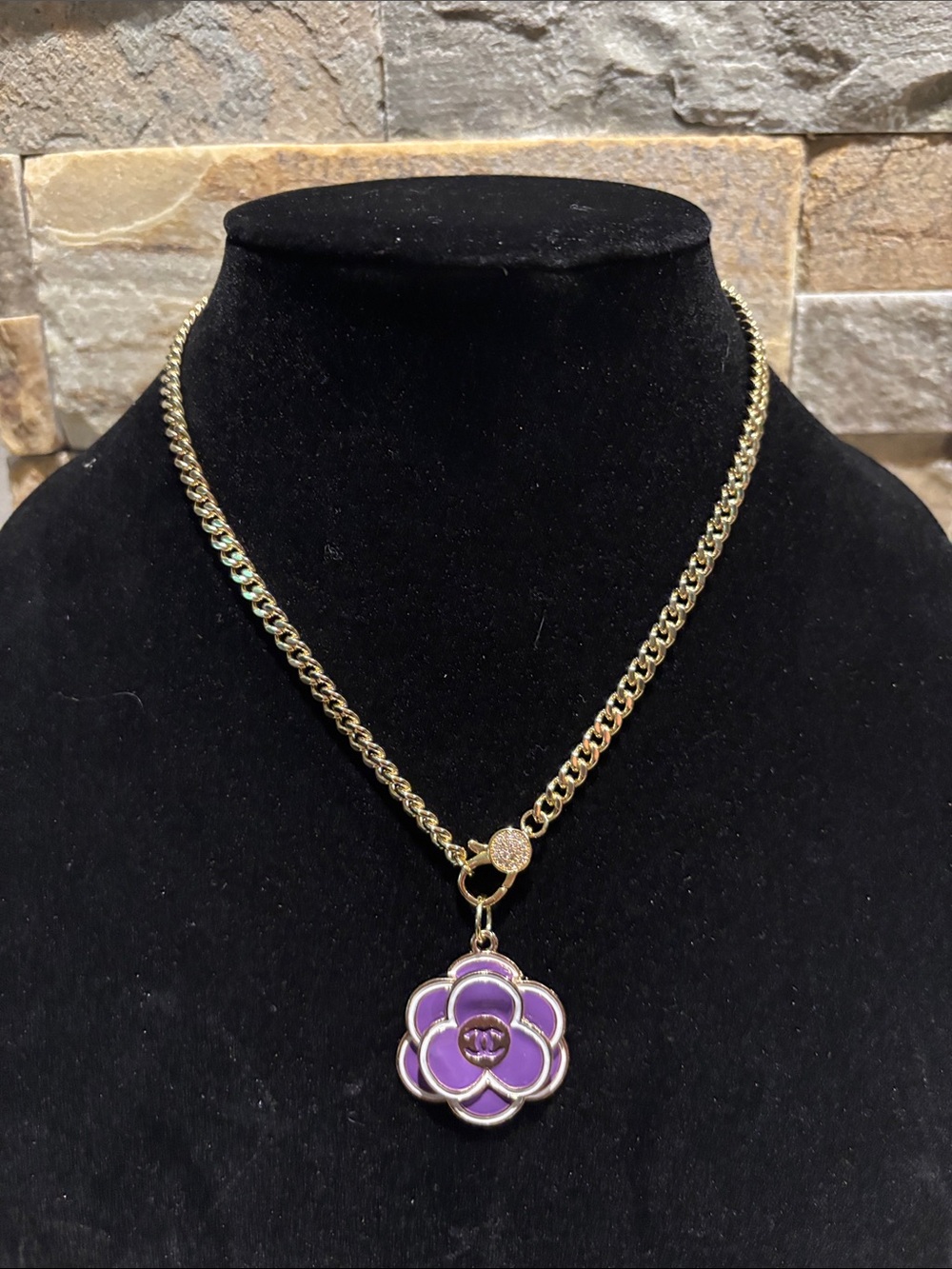 Gold Chain Necklace with CC Camelia Purple Flower Pendant